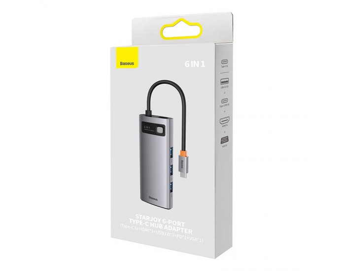 Хъб Baseus Metal Gleam Series 6в1 USB Type C към 3x USB 3.0 + HDMI + USB-C PD + VGA WKWG030013 - сив