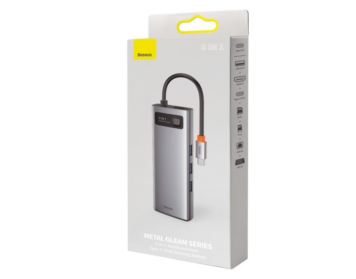 USB хъб Baseus Type-C 9 в 1 с USB Type-C PD/3x USB 3.2 Gen 1/RJ45 1 Gbps/VGA FHD 60 Hz/HDMI 4k 30 Hz/TF/SD