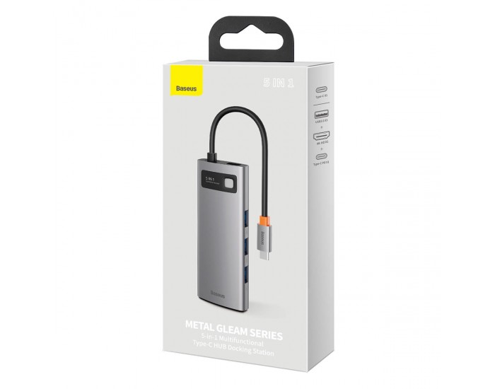 USB хъб Baseus Type-C 5 в 1 с 3х USB 3.0, 1х HDMI, 1х USB-C порта, сив