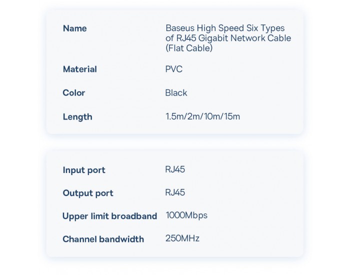 Мрежов кабел Baseus WKJS000101 high Speed Cat6 32AWG Gigabit network cable (flat cable) 2м - черен