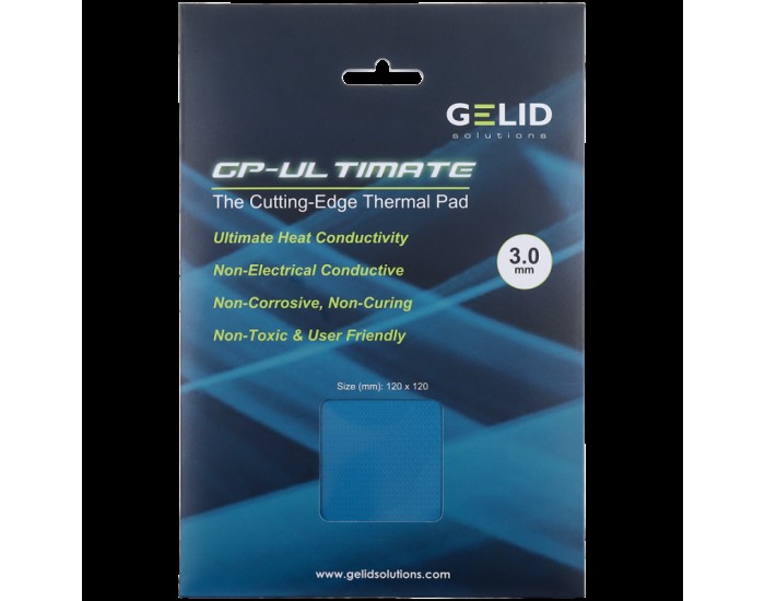 GELID GP-ULTIMATE 120×120 THERMAL PAD, Single Pack (1pc included): 3 mm, Density (g/cm3): 3.2, Size (mm): 120 x 120, Thermal Conductivity (W/mK): 15