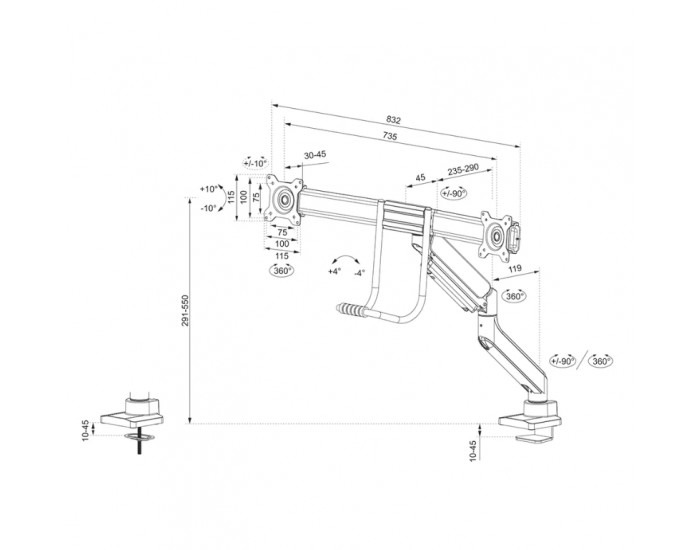 Стойка Neomounts by NewStar Screen Desk Mount 2 screens (topfix clamp & grommet), Black