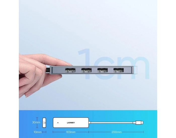 Мултифункционален USB хъб Ugreen 4 в 1 USB Type C - 4 x USB 3.2 с USB-C захранващ порт (CM219 70336) - сив