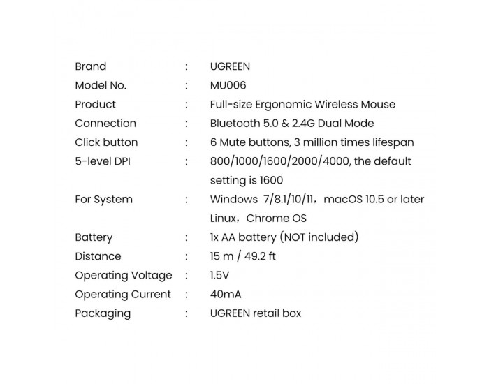 Безжична оптична мишка Ugreen MU006 - черна