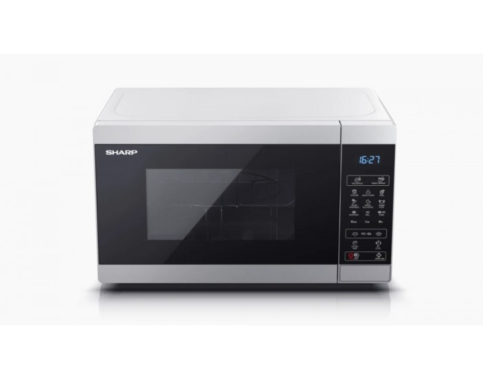 Микровълнова печка Sharp YC-MG02E-S, Fully Digital, Built-in microwave grill, Grill Power: 1000W, Cavity Material -steel, 20l, 800 W, LED Display Blue, Timer & Clock function, Child lock, Silver/Black door, Defrost, Cabinet Colour: Silver