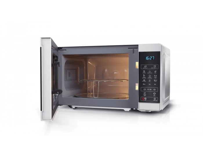 Микровълнова печка Sharp YC-MG02E-S, Fully Digital, Built-in microwave grill, Grill Power: 1000W, Cavity Material -steel, 20l, 800 W, LED Display Blue, Timer & Clock function, Child lock, Silver/Black door, Defrost, Cabinet Colour: Silver