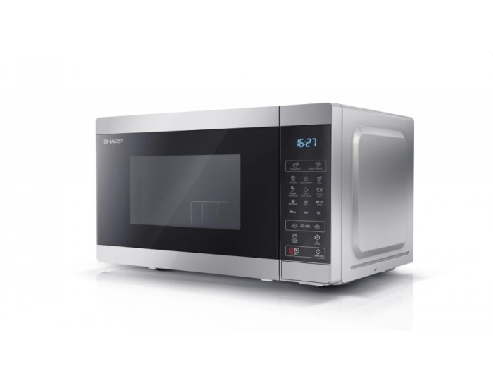 Микровълнова печка Sharp YC-MG02E-S, Fully Digital, Built-in microwave grill, Grill Power: 1000W, Cavity Material -steel, 20l, 800 W, LED Display Blue, Timer & Clock function, Child lock, Silver/Black door, Defrost, Cabinet Colour: Silver