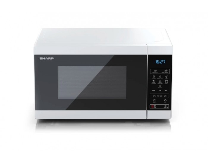 Микровълнова печка Sharp YC-MS02E-W, Fully Digital, Cavity Material -steel, 20l, 800 W, LED Display Blue, Timer & Clock function, Child lock, Silver/Black door, Defrost, Cabinet Colour: White