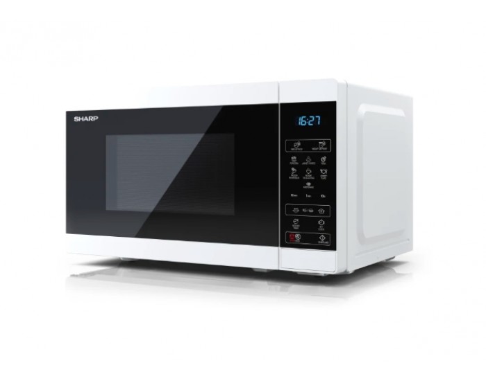 Микровълнова печка Sharp YC-MS02E-W, Fully Digital, Cavity Material -steel, 20l, 800 W, LED Display Blue, Timer & Clock function, Child lock, Silver/Black door, Defrost, Cabinet Colour: White