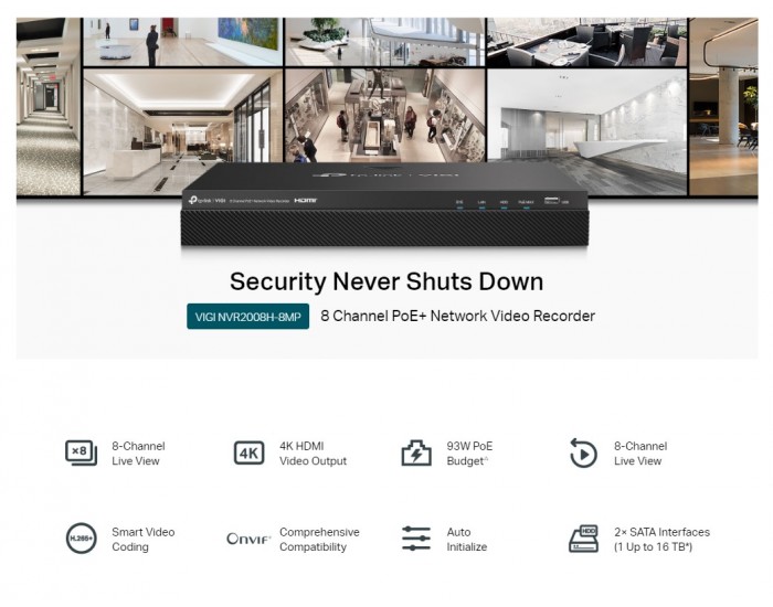 Мрежови видео рекордер TP-Link VIGI NVR2008H-8MP 8-канален PoE+