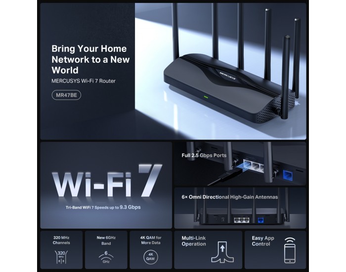 3-лентов Wi-Fi 7 рутер Mercusys MR47BE