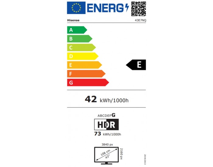 Телевизор Hisense 43" E7NQ, 4K Ultra HD 3840x2160, QLED, Quantum Dot, HDR 10+, HLG, Dolby Vision, Light Sensor, Smart TV, WiFi 5GHz, WiFi Direct, BT, Anyview Cast, 3xHDMI, 2xUSB, LAN, CI+, DVB-T2/C/S2, Black