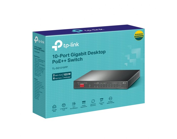 10-портов гигабитен настолен комутатор TP-Link TL-SG1210PP с 6-порта PoE+ и 2-порта PoE++