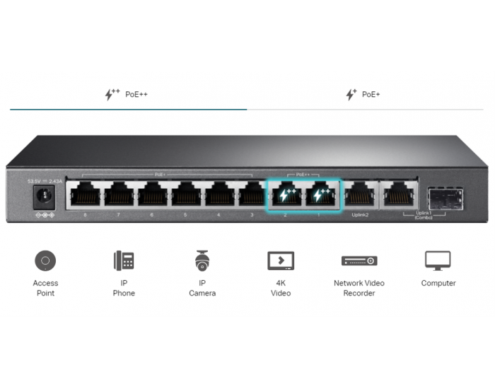 10-портов гигабитен настолен комутатор TP-Link TL-SG1210PP с 6-порта PoE+ и 2-порта PoE++