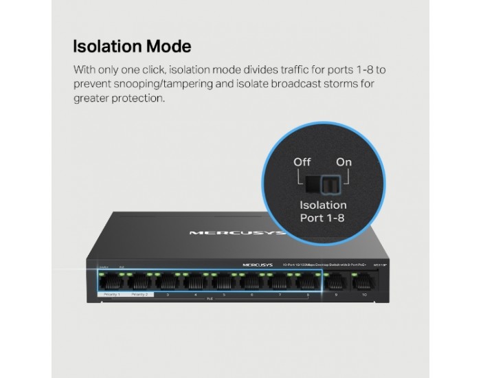 10-портов комутатор Mercusys MS110P със 8 PoE+ порта