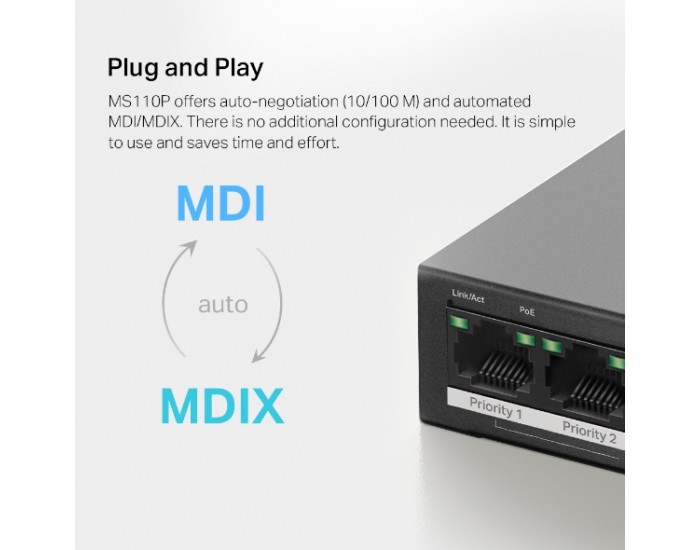 10-портов комутатор Mercusys MS110P със 8 PoE+ порта