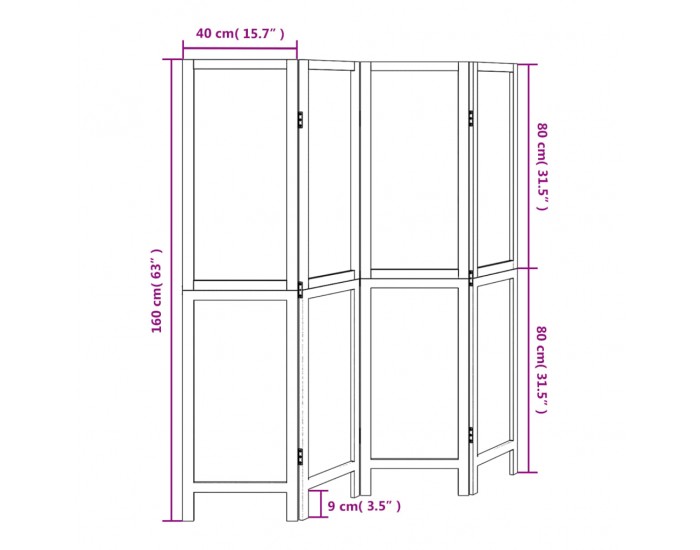 Sonata H Разделител за стая, 4 панела, бял, дърво пауловния масив