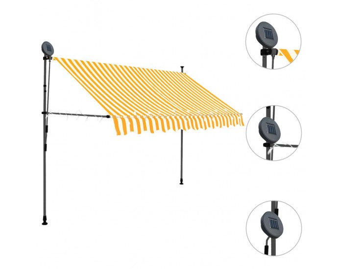 Sonata Ръчно прибиращ се сенник с LED, 300 см, бяло и оранжево